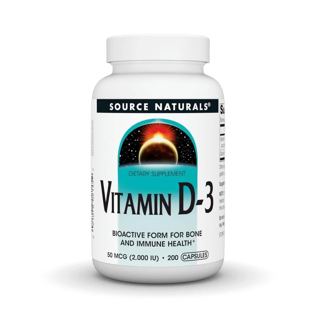 Source Naturals 비타민 D-3, 뼈 및 면역 건강을위한 생체 활성 형태 *, 2000 IU - 200 캡슐