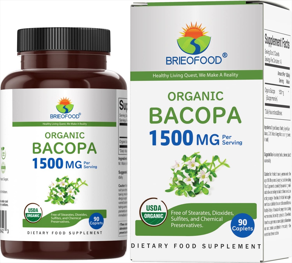 Brieofood 유기 Bacopa 1500mg, 45 서빙, 채식, 글루텐 무료, 90 채식 정제 ...
