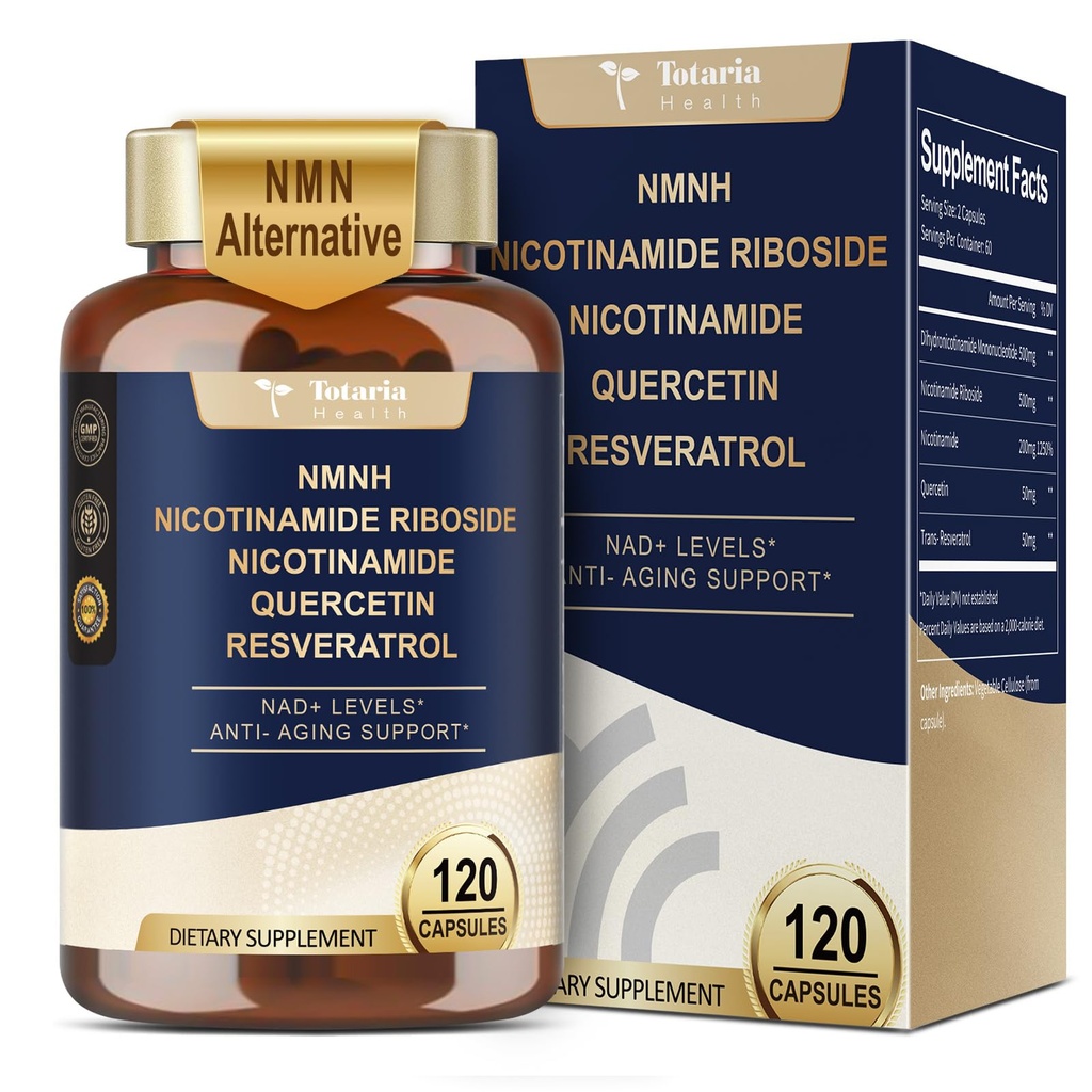 Totaria NMNH (Dihydronicotinamide Mononucleotide), NMN 대안 보충교재 w/Niacinamide (비타민 B3), Quercetin, Trans-Resveratrol의 지원 NAD+의 피부 세포 건강*, 노화 방지 & 에너지, 120의 모자