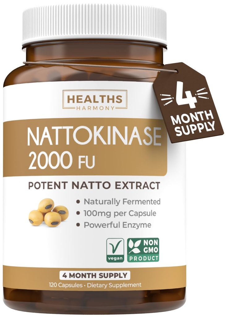 건강 하모니 Nattokinase 2000 FU (Non-GMO) 강력한 Nattokinase 보충 자연적으로 발효 된 Soybeans에서 만든 - (4 개월 공급) 120 Vegan Natto 캡슐