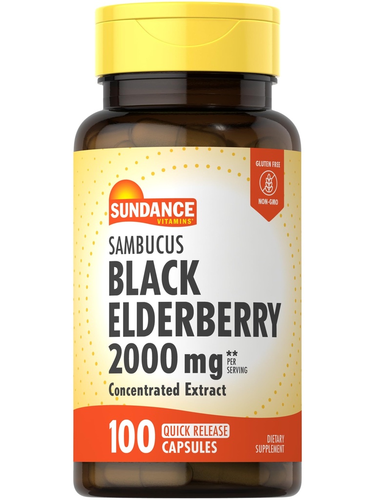 Sundance Sambucus 검정 Elderberry 캡슐 | 2000mg | 100개 조사 | Non-GMO 및 글루텐 무료 보충