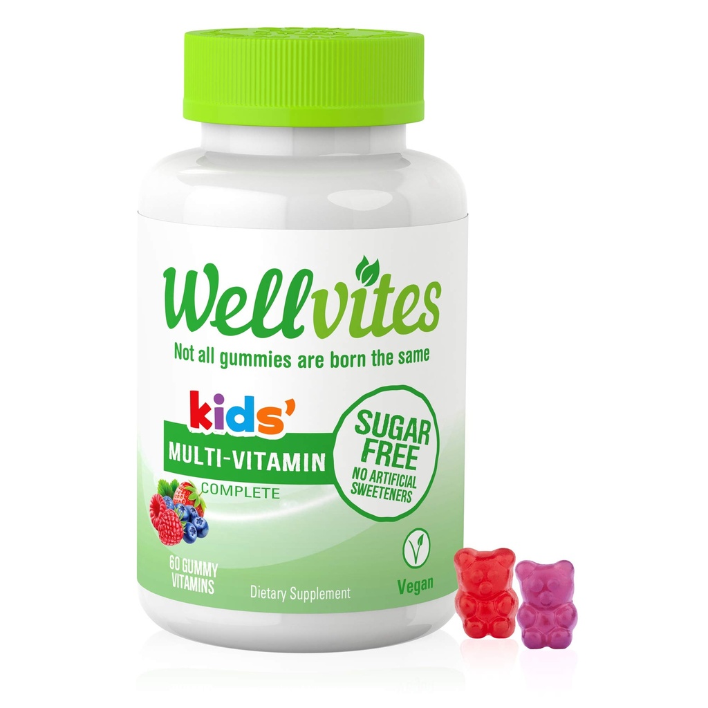 Wellvites Kids Multivitamin Gummies - 설탕 무료, Vegan, Non-GMO, 비타민 A, D, B6, B12 및 C - 인공 감미료 없음, 글루텐 프리, 젤라틴 프리 - 60 개 (30 일 공급)