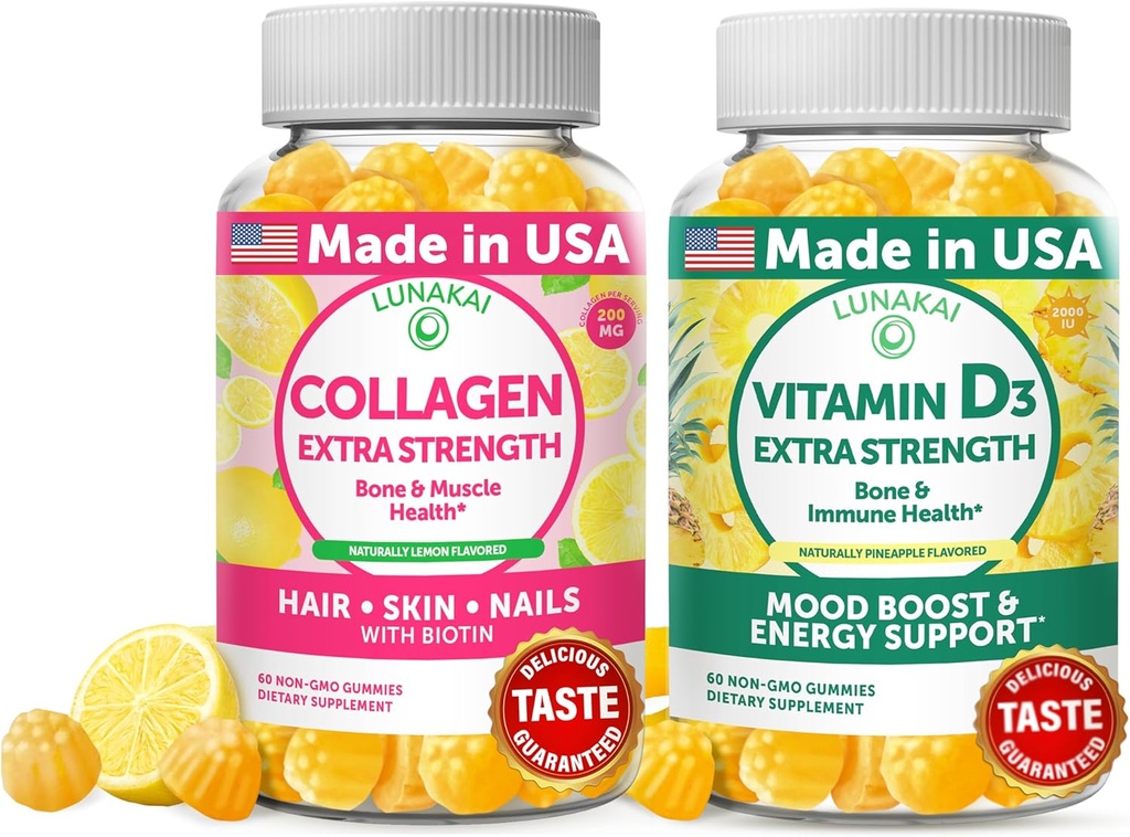 Lunakai Collagen 및 비타민 D3 Gummies 번들 - 남성 및 여성을위한 비 GMO 노화 방지 보조제 - 면역, 뼈 및 무드 지원 미끼 - 30 일 공급