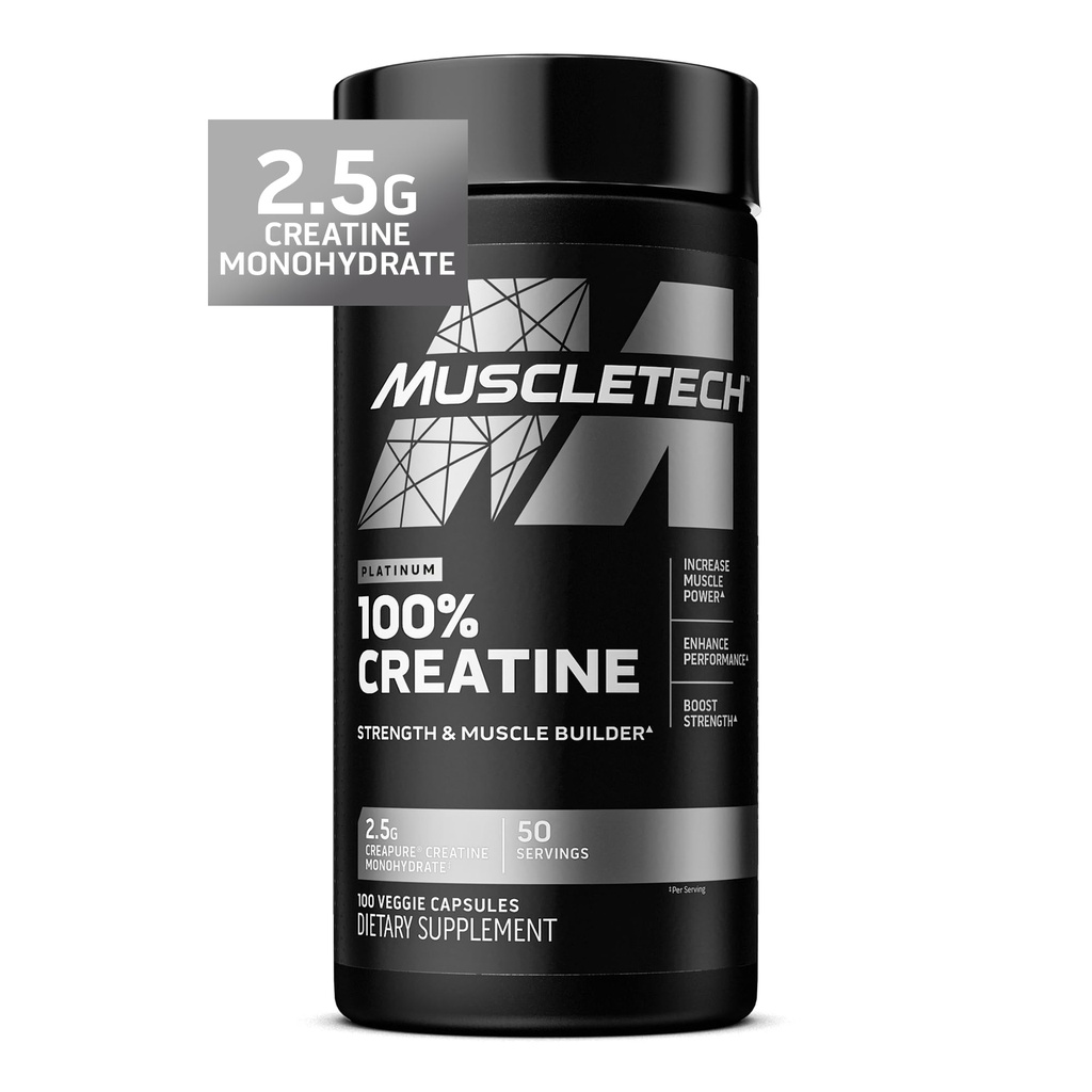 MuscleTech Platinum Creatine Monohydrate 캡슐 - Creapure Creatine Pre & Post 운동 근육 빌더, 근육 회복 및 에너지 부스트 남성 및 여성을위한 보충 - 100 Veggie 알약