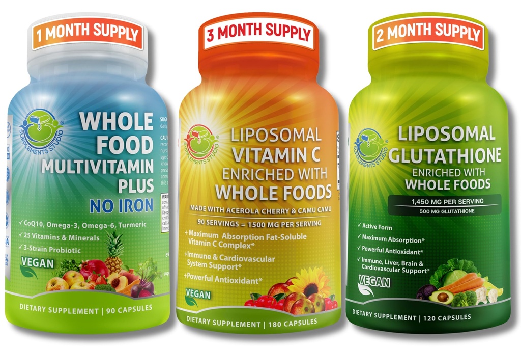 Immune & 여성 & 남자를 위한 매일 웰니스 지원 뭉치 – Liposomal 비타민 C 1500mg + Vegan 전체적인 음식 Multivitamin 아니 철 + Liposomal Glutathione 500mg – Vegan, 비 GMO, 청결한 매일 웰니스 지원