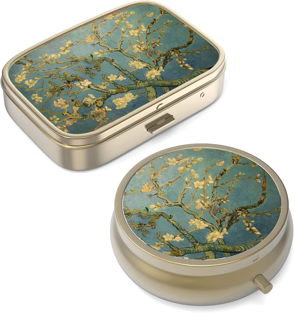 Pill Case Pill Box with Mirror Retro Small Pill Case for Purse or Pocket Bronze Pill Box 또는 Vitamins, Fish Oil, Supplements, Pill Containe 여행 선물(2PCS)