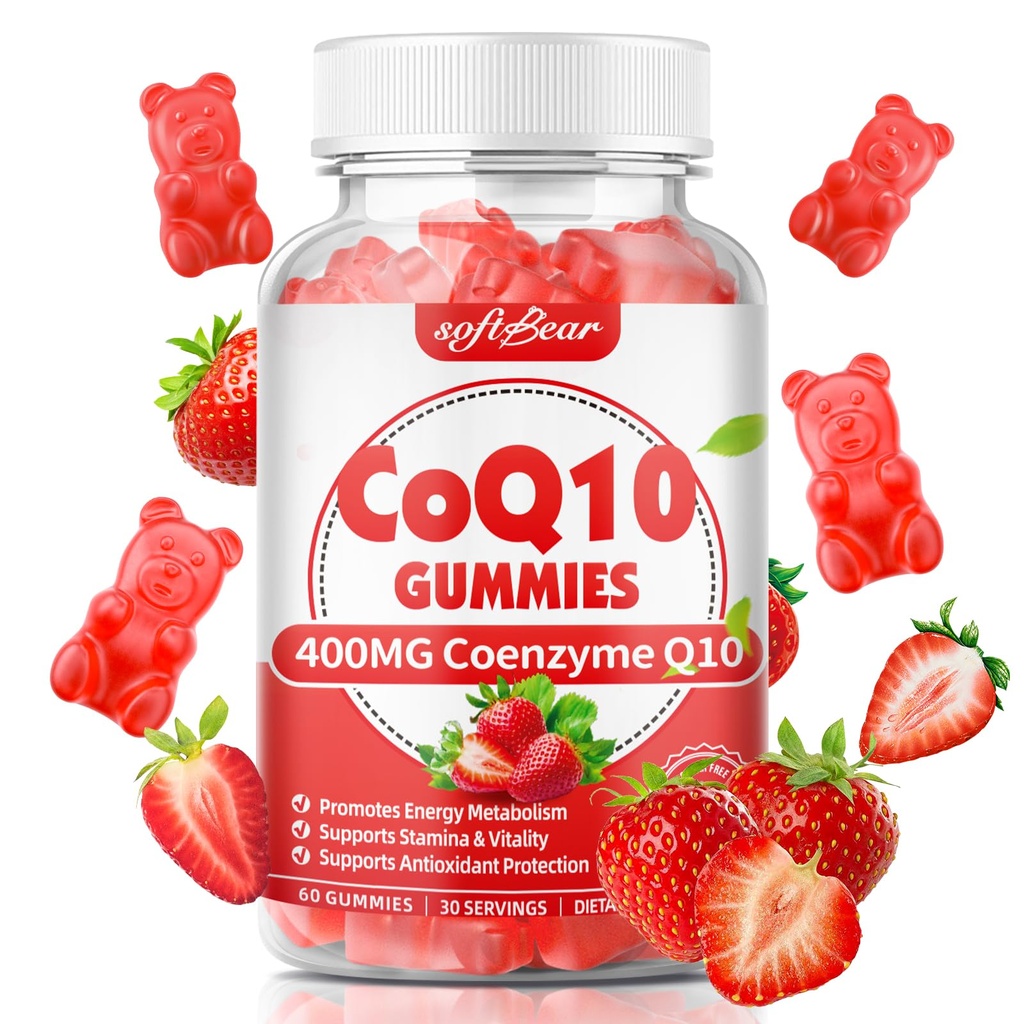 성인을 위한 softbear CoQ10 Gummies 400mg Coenzyme Q10 보충교재, 높은 흡수 이산화탄소 플러스 Omega-3, 마그네슘, 비타민 B3 & 아연 셀룰러 에너지 & 산화 방지제, 딸기 풍미 60 조사