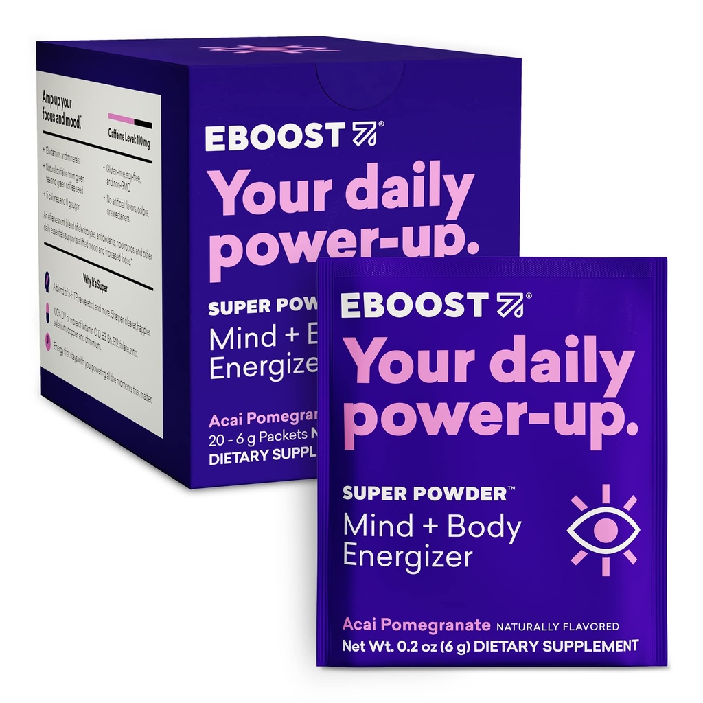 EBOOST 슈퍼 에너지 분말 음료 혼합, 비 GMO Electrolyte 보충교재는 비타민 (아카이 석류), 0.2 Ounce (20의 포장)로 적재했습니다