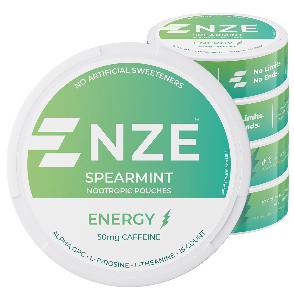 NZE 카페인 Nootropic 파우치 (스페인트) - 50mg 카페인이있는 에너지 파우치, 알파 GPC, L-티로신 및 설탕이나 인공 감미료가있는 L-Theanine - 캔 당 15 파우치 - 5 팩