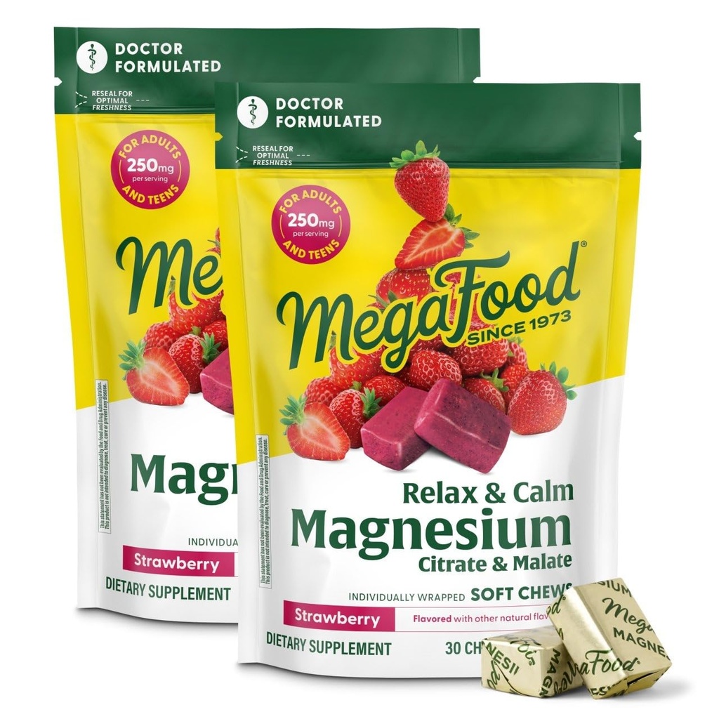 MegaFood Relax + Calm Magnesium Supplement - 마그네슘 시트 레이트 및 심장 건강, 근육 긴장 및 더 많은 - 채식 - 딸기 맛 - 팩 당 30 Chews (2 팩)
