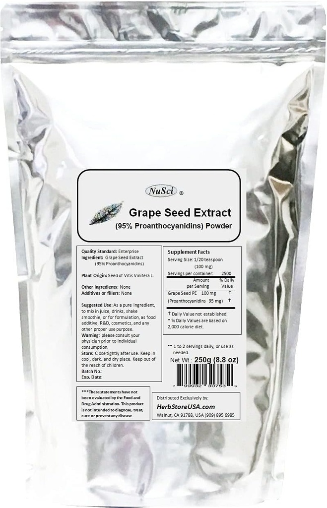 포도씨 (유럽) 추출물 분말 표준화된 95% Proanthocyanidins OPC (250 그램 (8.8 oz)) 유럽은 GMO를 해방합니다 비 Irradiated