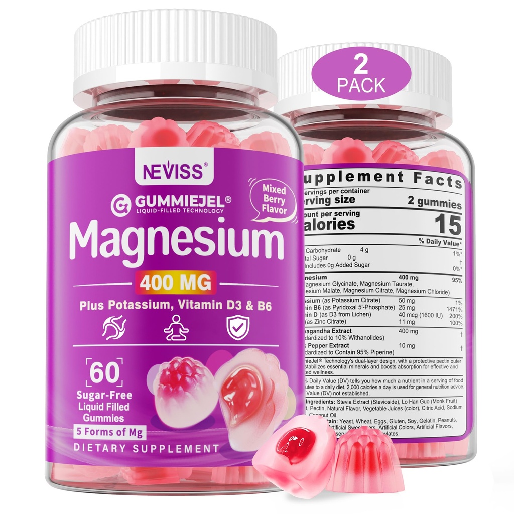 설탕 무료 마그네슘 구미 400mg | 5-in-1 Complex 마그네슘 : 글리세린, 감귤류, 말레이트, 염화물 및 타우레이트 | Ashwagandha, 비타민 D3 및 아연 | 캘름, 무드 및 에너지 지원 | Vegan, 2-Pack