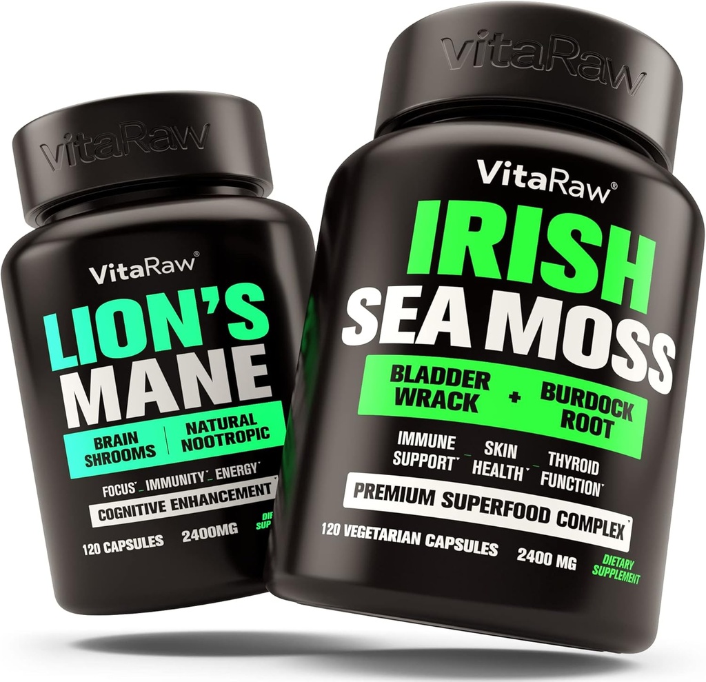 Lions Mane Mushroom + Irish Sea Moss - 뇌 부스터 메모리 및 에너지 + 면역 지원, 공동 및 Thyroid 및 Gut 건강