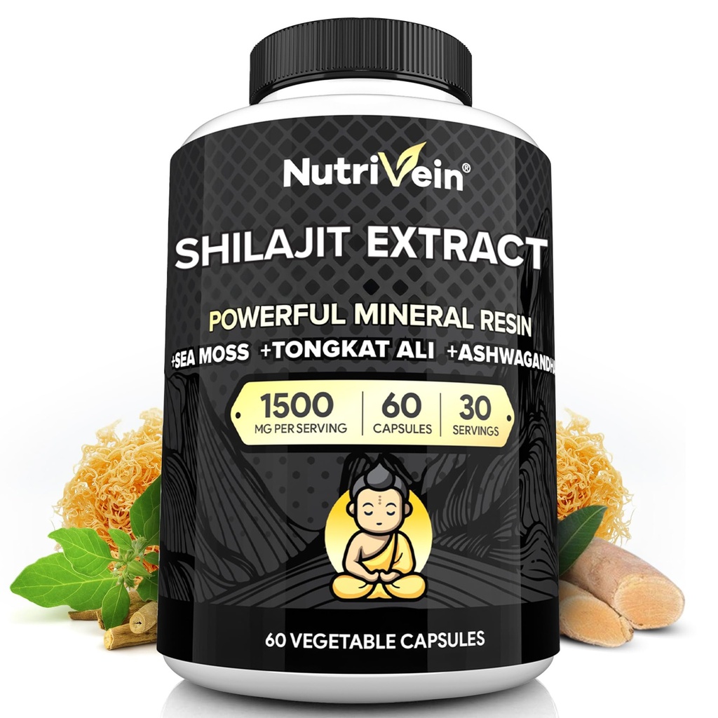 Nutrivein Premium Pure Himalayan Shilajit for Men and Women - 1500 mg - 60 캡슐 - 아일랜드어 Sea Moss, Tongkat Ali, & Ashwagandha - Vitality, Clarity 및 성능 혼합 강력한 수지 추출물