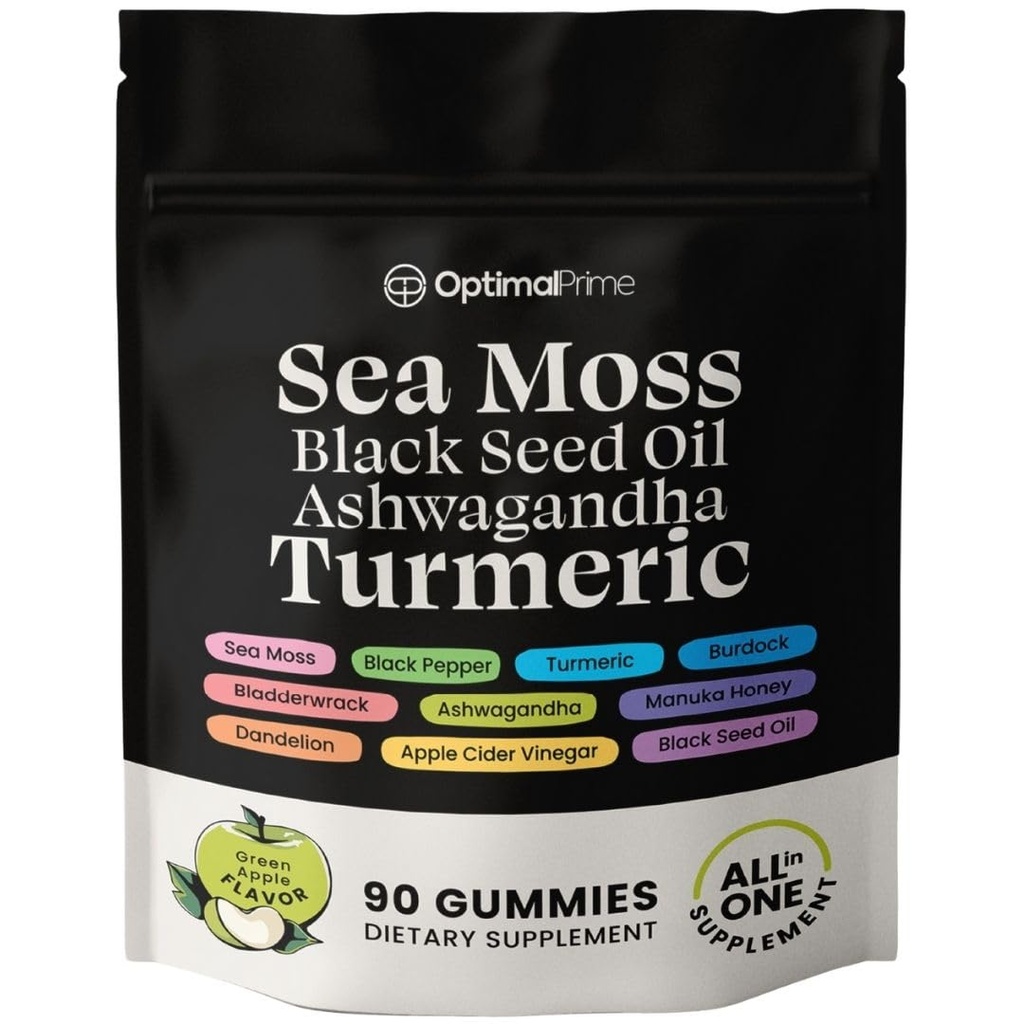 Optimal 주요한 바다 Moss 및 까만씨 기름 Gummies, Ashwagandha, Turmeric, Manuka 꿀, ACV, Dandelion, 까만 고추, Burdock, Bladderwrack, Vegan, 90 Gummies 45 일 공급