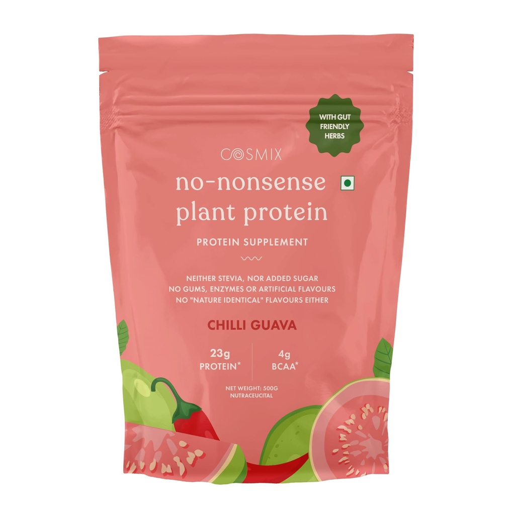 Cosmix No-Nonsense Plant Protein- 500gm | 23g Plant Protein/Serve| Chilli Guava | Clean Vegan Protein |Gut-Friendly| Easy to Digest | All Essential Amino Acids |Made with Real Guntur Chilli |