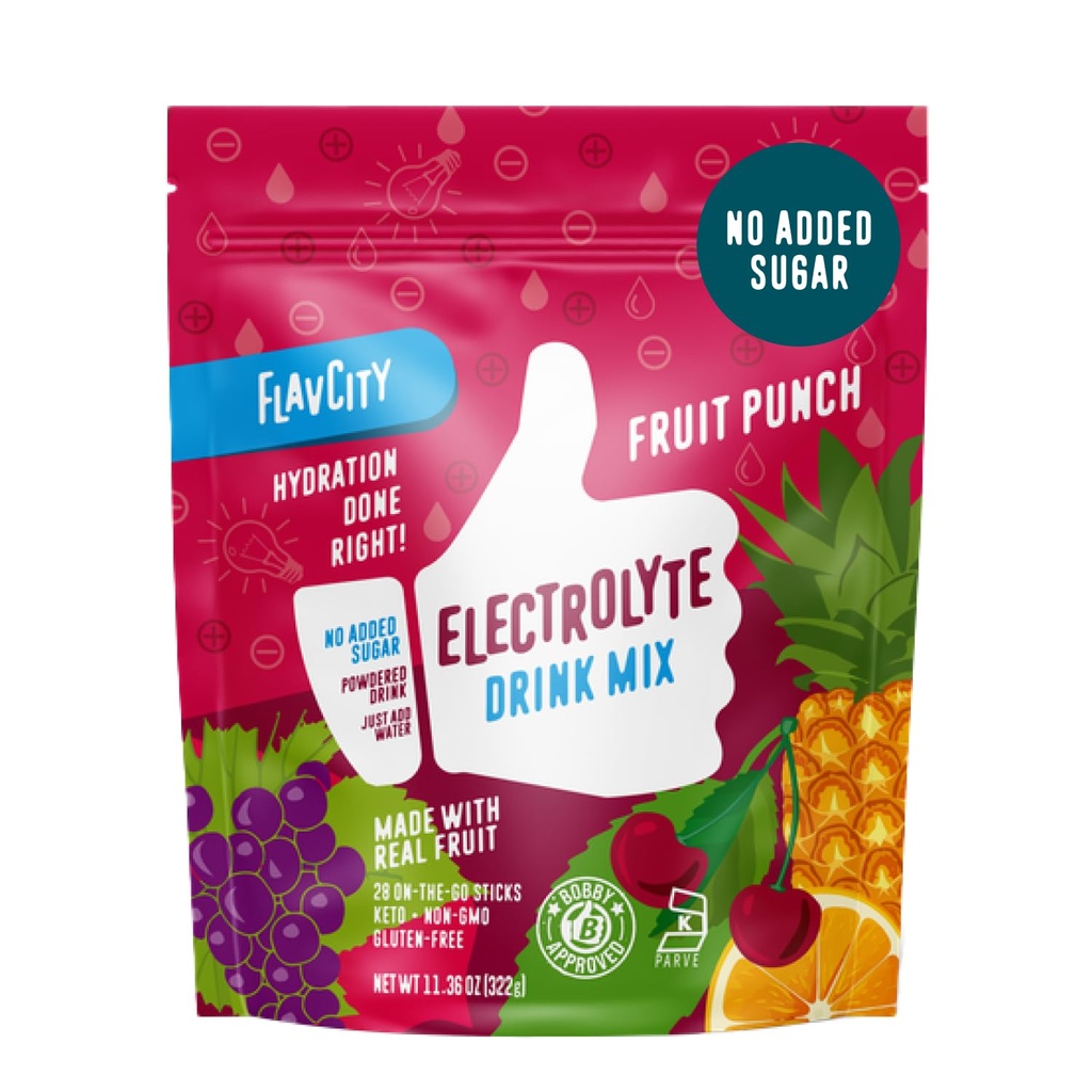 FlavCity Fruit Punch Electrolytes Powder Packets - 28 Hydration Packets - 추가 설탕 없음 - Real Fruit & Unrefined Sea Salt - Keto & Gluten-Free (28 스틱 팩)가있는 수분 분말