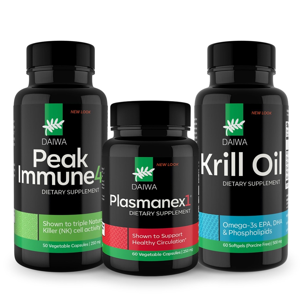 Daiwa Peak Immune 4 - 천연 면역 시스템 부스터 + Plasmanex 1 - 혈액 순환 보충 + Krill 오일 - 오메가 3 크릴 오일 캡슐