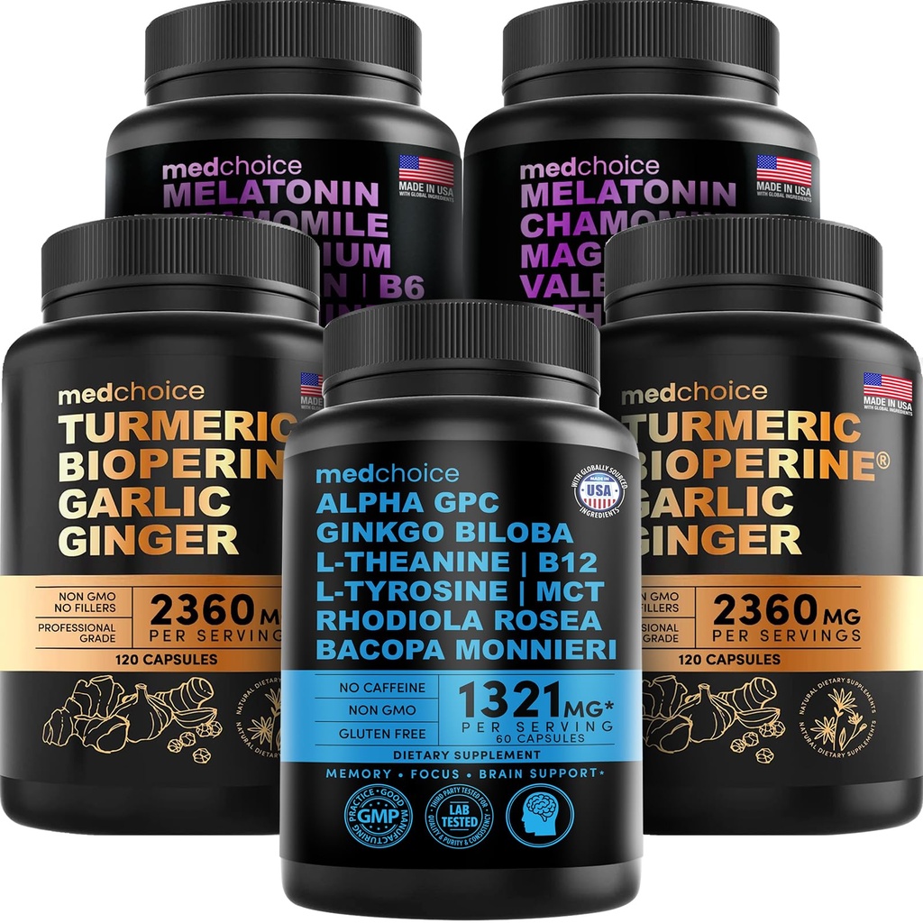 MEDCHOICE Turmeric & Ginger (240ct), 수면 멜라토닌 (180ct) 및 Nootropic Brain (60ct) 보충 번들 - 뇌, 수면, 및 면역 지원을위한 웰빙 트리오 - Vegan, Non-GMO, 글루텐 프리