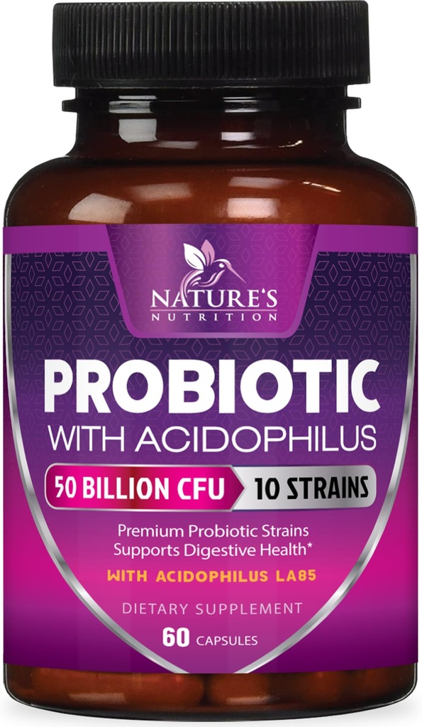Probiotics 60 Billion CFU - 10 Strains + Prebiotics - 소화 건강, Gut & 면역 지원 - Occasional 변비, 가스 및 여성 및 남성 선반 안정 - 60 캡슐 지원