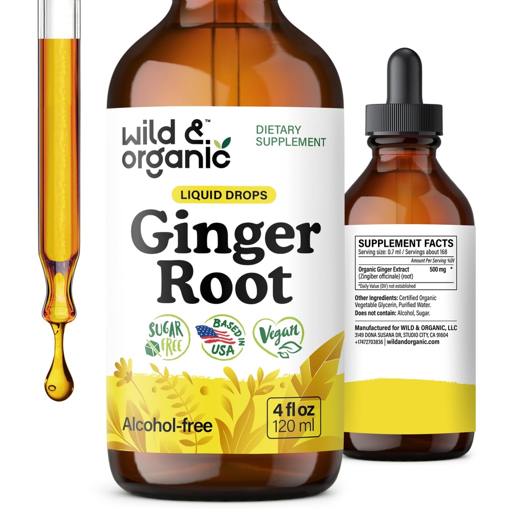Wild & Organic Ginger Root Extract Drops - 면역 및 소화 지원 - 액체 생강제 보조제 - Vegan, Sugar & Alcohol-Free Tincture - 4 fl oz