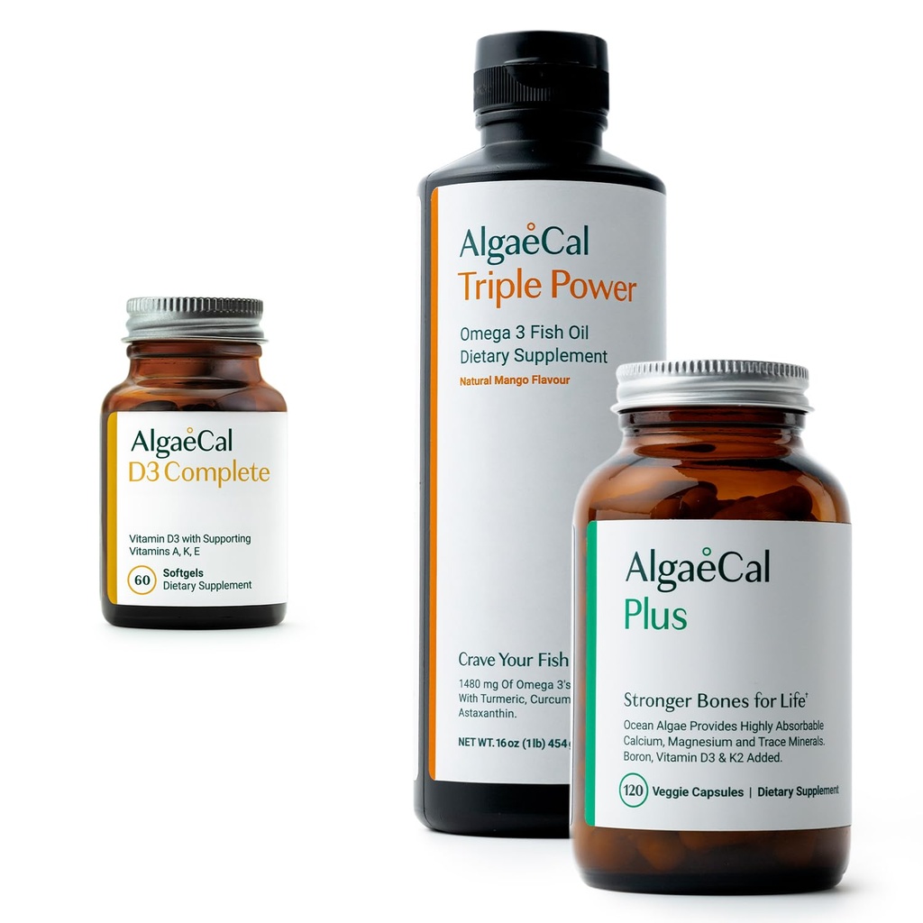 ALGAECAL 번들 - 비타민 D3 완전한 (1000 IU) + 비타민 K2, E & A & 더 강한 뼈 & 물고기 기름 오메가 3 1200mg EPA DHA를 위한 식물 기초 칼슘