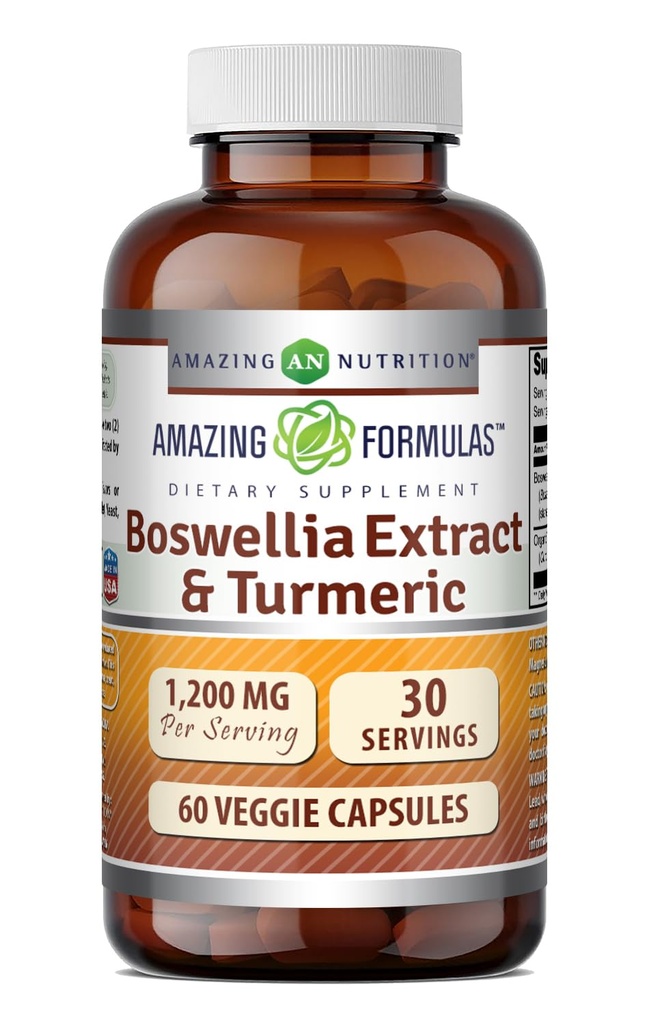 Amazing Formulas Boswellia Extract & Turmeric Supplement | 1200 Mg Per 서빙 | 60 Veggie Capsules | Non-GMO | 글루텐 무료 | 미국에서 제작 |