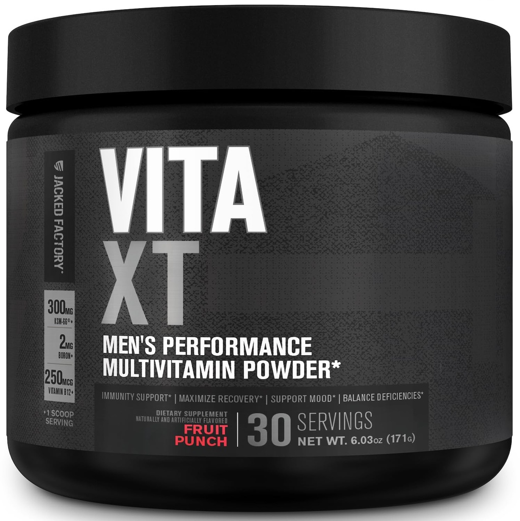 Jacked Factory Vita XT 성능 비타민 분말 - KSM-66 Ashwagandha, Prebiotic 섬유, 비타민 A, C, D, K, B6, B12 및 기타 - 과일 펀치, 30Sv