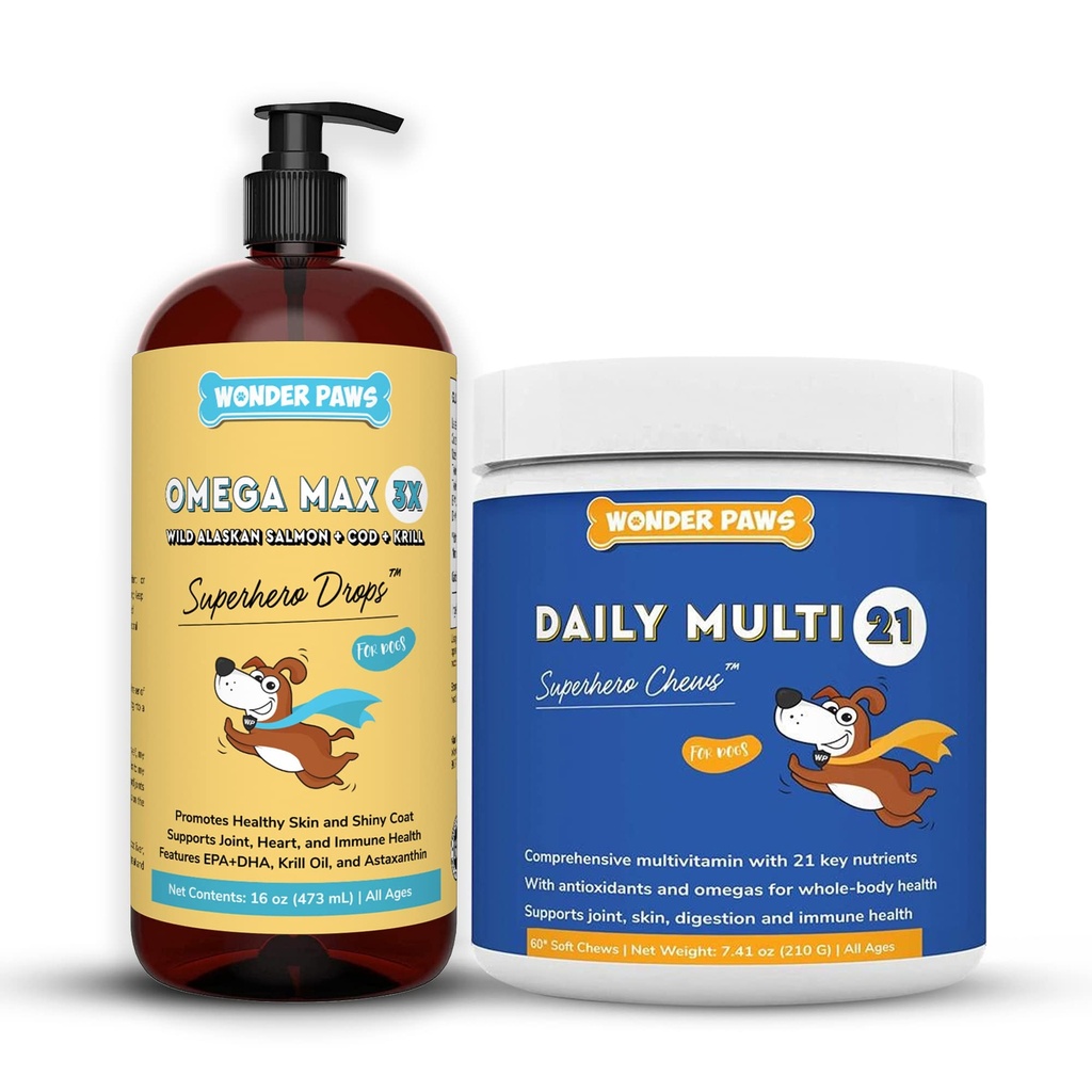 WONDER PAWS Omega Max Fish Oil Plus Daily Multivitamin Chews - 개 관절 건강, 피부 습기, 면역 시스템 지원 및 일일 웰빙 - Omega Max 16 Ounces - Multivitamin 60 Chews
