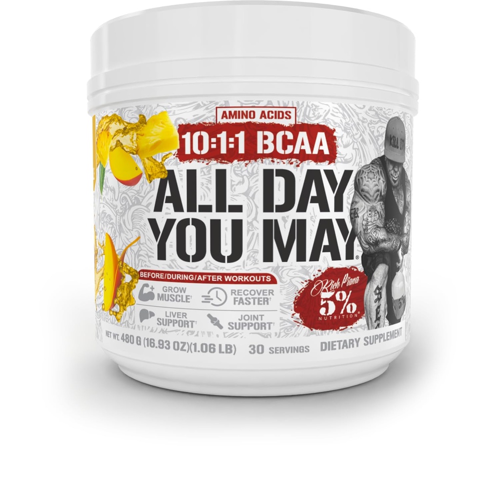 5% 영양 풍부한 피아나 AllDayYouMay BCAA 분말 | 프리미엄 인트라 & 포스트 운동 아미노산, 히드라이즈, 내구시간, 근육 회복, 합동 & 간호 지원 | 16.93 oz, 30 서빙 (망고 파인애플)
