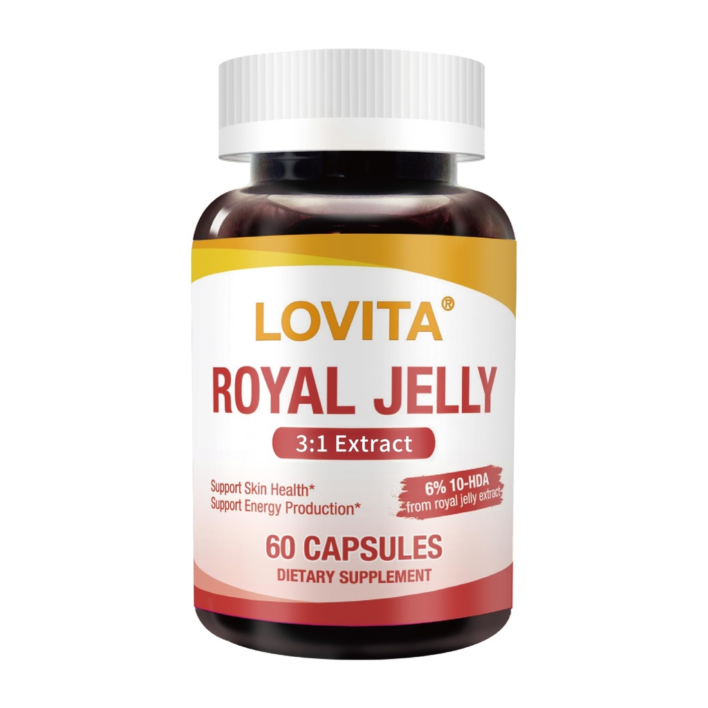 Lovita 로얄 젤리 333 mg, 3 : 1 농축, 20mg 10-HDA, 천연 소스 슈퍼 푸드, 스킨 건강 및 에너지 생산 지원, 60 캡슐