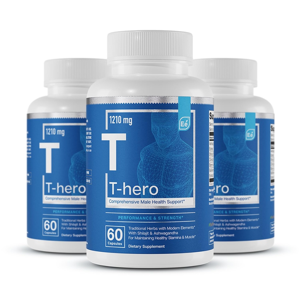 필수 요소 남성 건강 보충 - DIM, Ashwagandha, Shilajit, More|T-Hero 60 Vegan 캡슐 (3 팩)