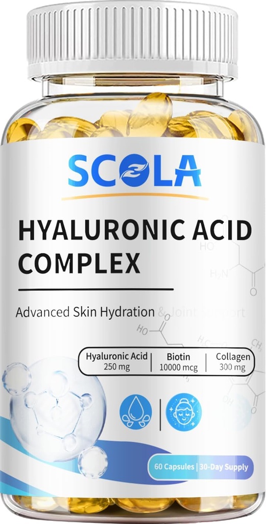 SCOLA Hyaluronic 산 캡슐 - 250mg HA + 10,000mcg Biotin의 60의 채식주의자 캡슐 | 깊은 Hydration의 머리 & 못 지원 | 비 GMO 공식