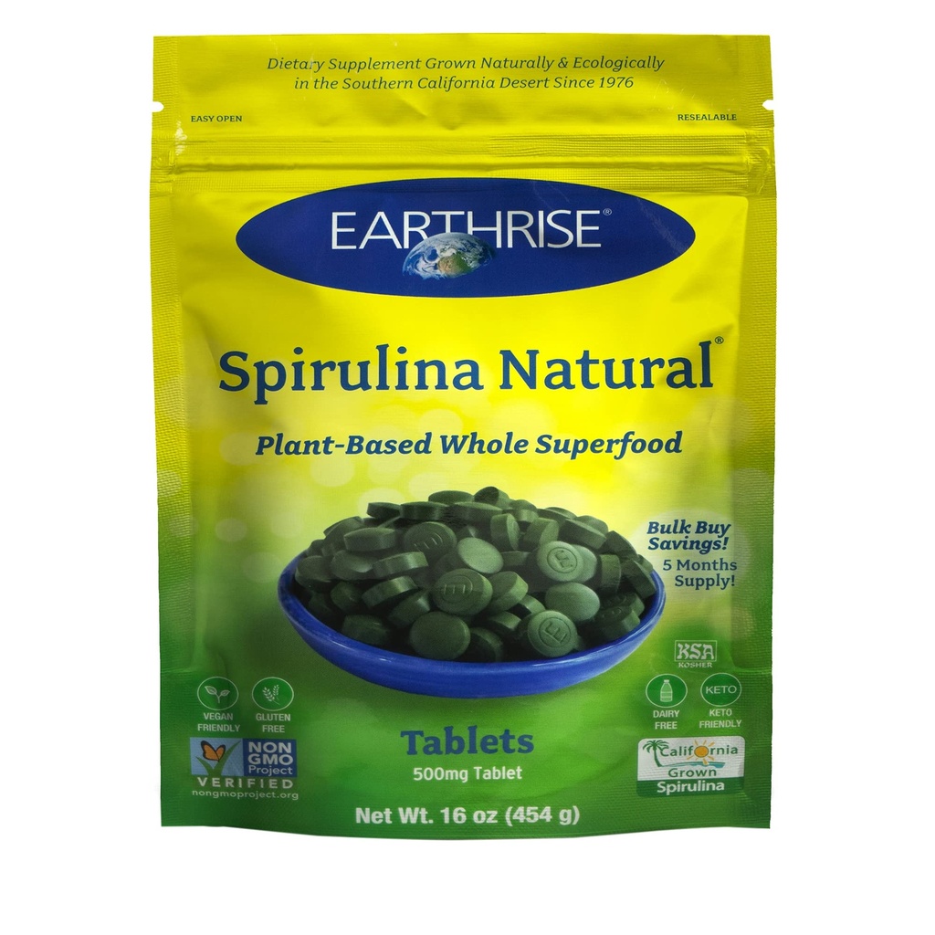 지진 Spirulina, 순수한 캘리포니아 Spirulina 500 mg, Vegan, Gluten 무료, Keto 친절, 비 - GMO 슈퍼 식품 비타민 및 미네랄., 1 LB 정제 (150 서빙)