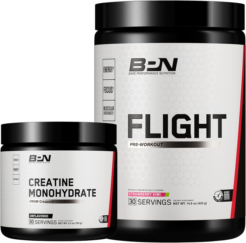 BARE 성능 영양 BPN 크레아틴 Monohydrate & Flight Pre Workout (Strawberry Kiwi) 번들