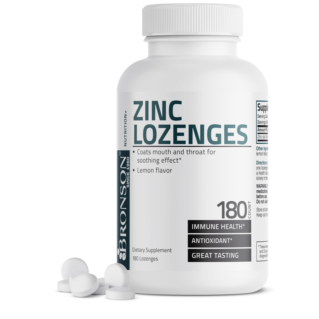 Bronson 아연 Lozenges 산화 방지제 & 면역 지원 보충교재 레몬 맛, 180 Chewable 정제