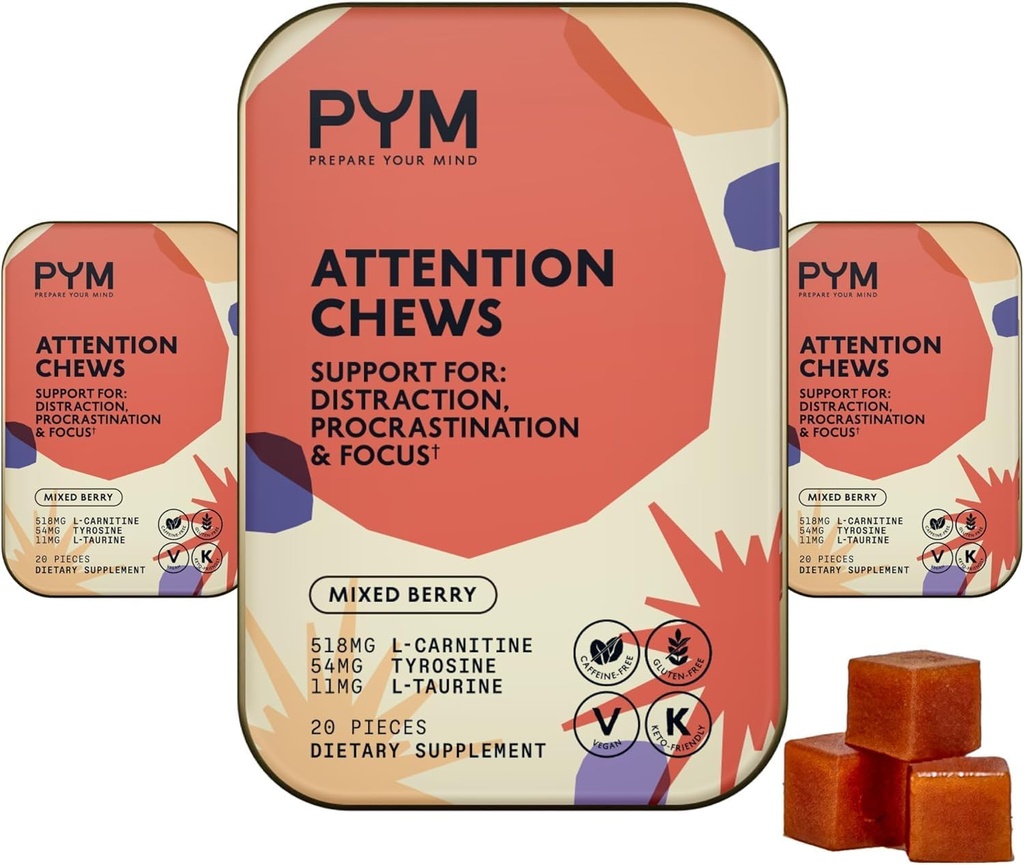 PYM 주의 Chews Procrastination, Focus & Productivity, 60 Count | 518mg L-Carnitine, 54mg Tyrosine, 11mg L-Taurine - Caffeine-Free | All-Natural Mood Boost Supplement Made in USA