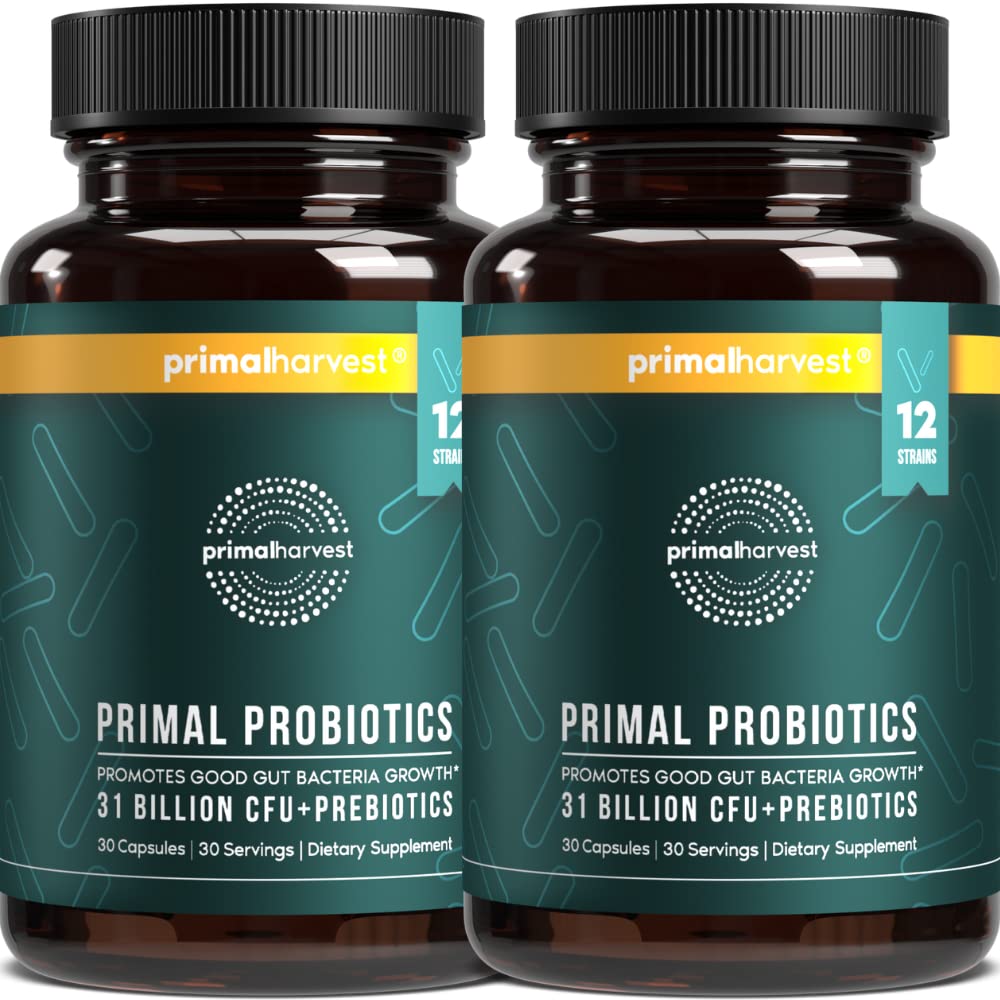 여성 및 남성용 Primal Harvest Probiotics는 성인 60 캡슐 (2 팩)에 대한 Prebiotics Daily Supplement를 제공합니다.