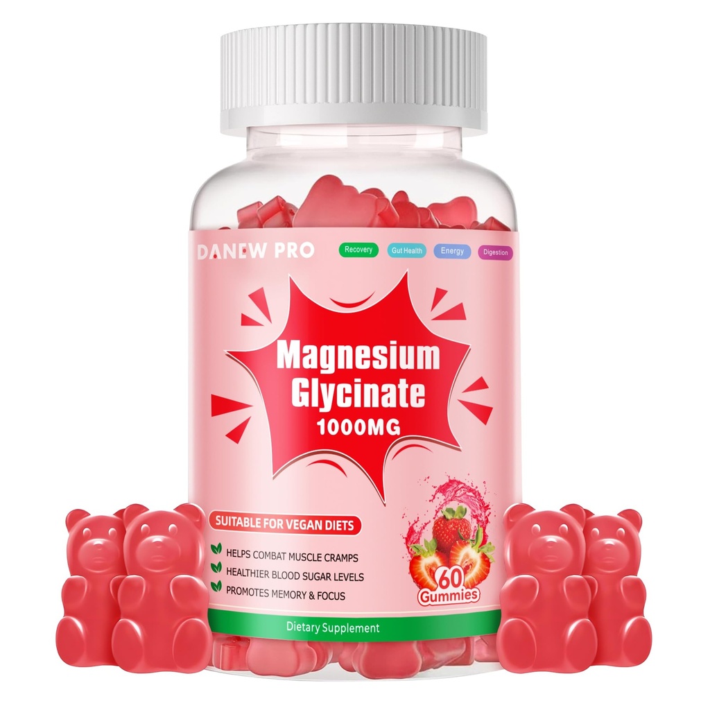 마그네슘 글리세린 Gummies 1000mg - 비타민 D, B6, Calm Mood & 수면 지원을위한 CoQ10과 설탕 무료 마그네슘 칼륨 보충제 - 60 Strawberry Gummies