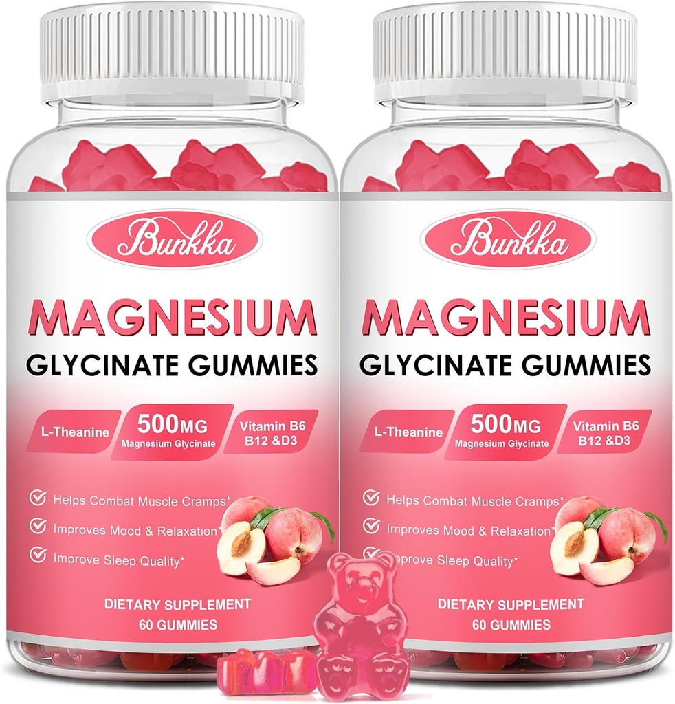 (2 팩) 마그네슘 글리세라이드 Gummies-Magnesium 글리세라이드 500mg, 칼륨, 비타민D, B6, Calm, Sleep&Stress Relief-Sugar Free, 120 복숭아 마그네슘 구미