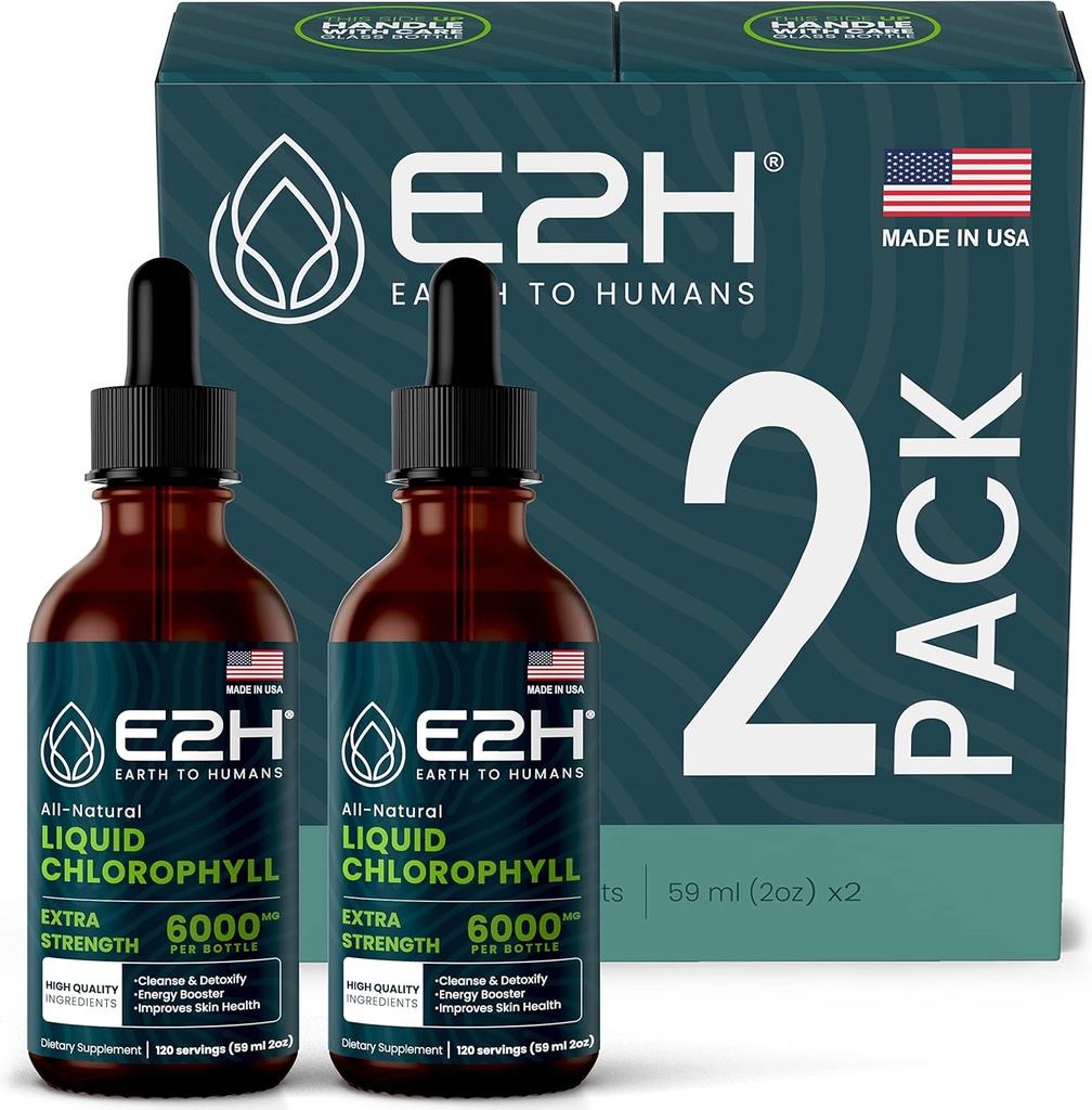 E2H Chlorophyll 액체 드롭 - 에너지 부스터, 소화, 면역 체계 지원 및 내부 탈취제 - Vegan - 글루텐 무료 - 비 GMO - (2 병)