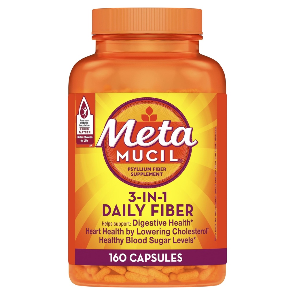 Metamucil Psyllium Husk Fiber Supplement, 3-in-1 Digestive Health, Plant based, 160 Count, 2 팩