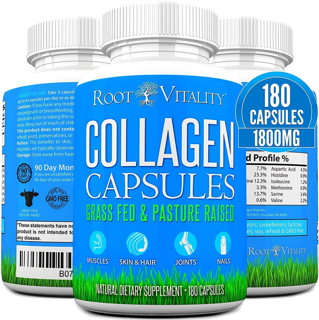 Root Vitality Collagen Peptides Capsules - Grass-Fed, Pasture-Raised Hydrolyzed Protein Supplement for Skin, Hair, & Nails - Non-GMO, Zero Sugar Daily Pills for Men & Women (180 캡슐)
