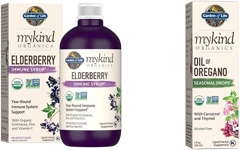 생명 유기 식물 기반 Elderberry Immune Syrup 6.59 fl oz & Oregano Seasonal Drops 1fl oz (30 mL) 액체의 유기 오일