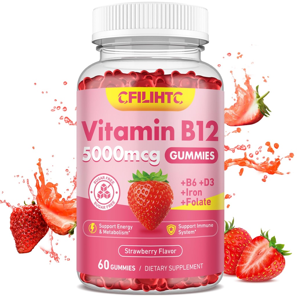 여성 & 남자를 위한 비타민 B12 Gummies, 비타민 B6, D3, 철, 성인을 위한 Folate를 가진 5000mcg 메틸 B12 Gummies는, 에너지 & 대사 부스트, 계류, 면역 체계, 설탕 자유로운 Strawberry를 지원합니다