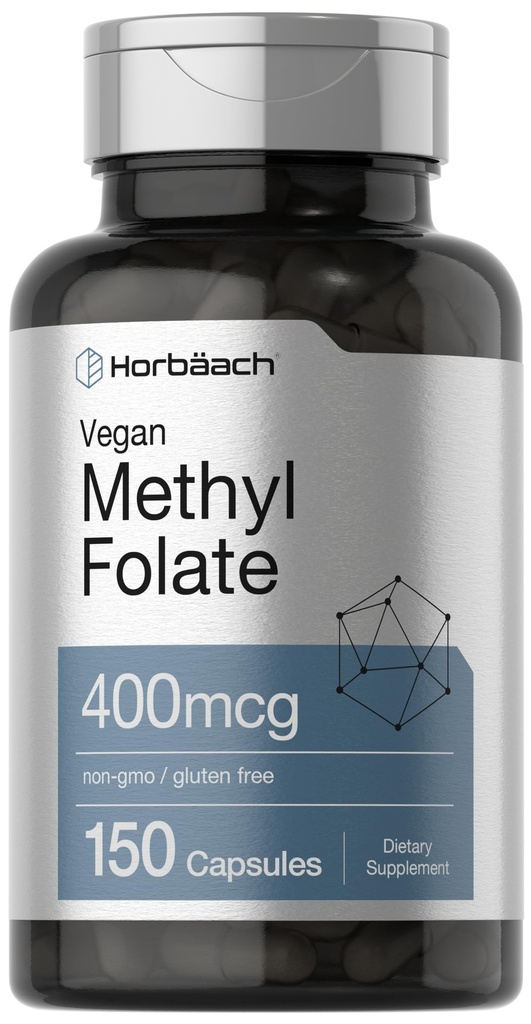 Horbäach 메틸 Folate 400 mcg | 150 Vegan 캡슐 | 비 GMO, 글루텐 무료 | 다이어트 보충교재
