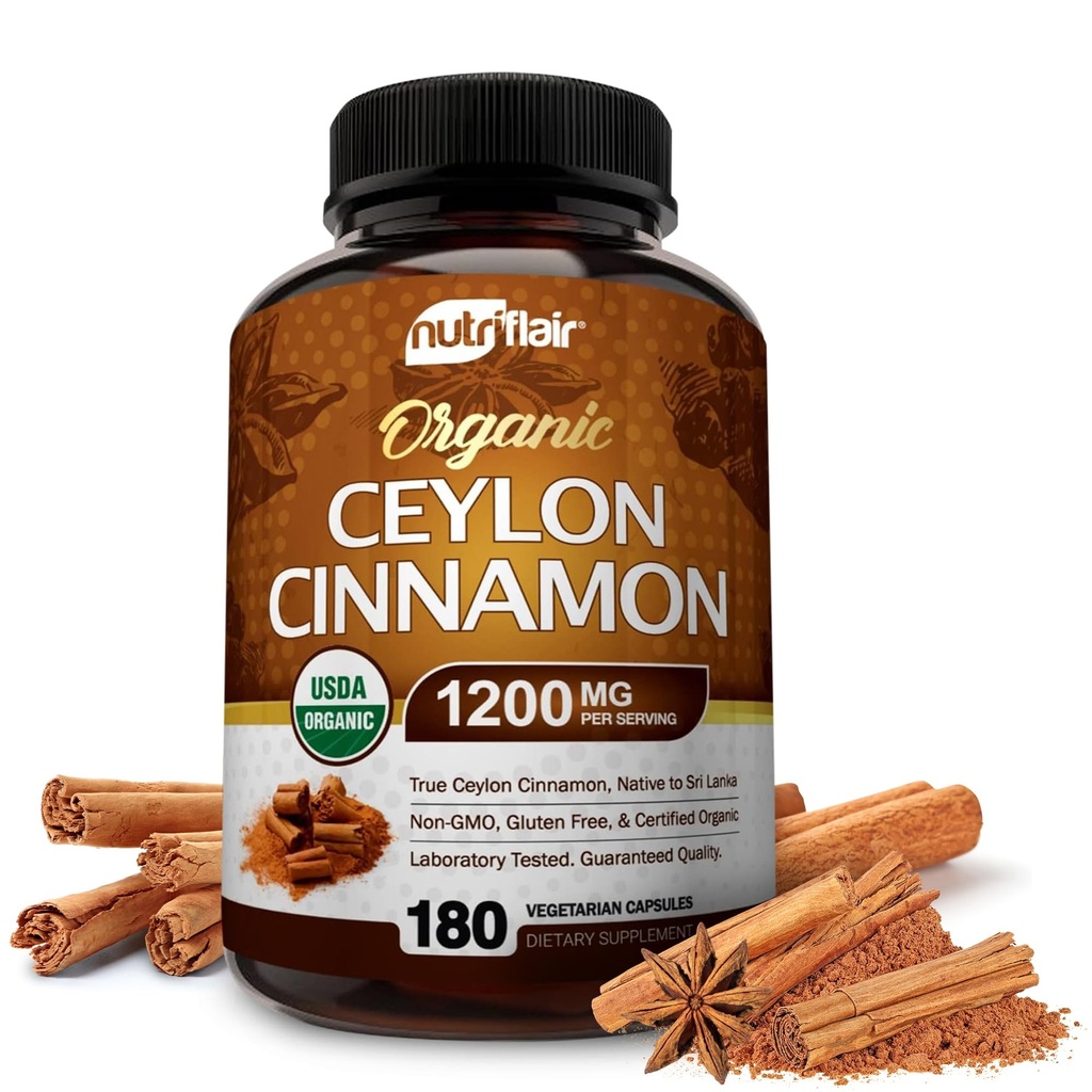 NutriFlair 유기 Ceylon Cinnamon (100% 인증 유기 Ceylon Cinnamon) 서빙 당 1200mg, 180 캡슐 - 관절, 염증, 산화