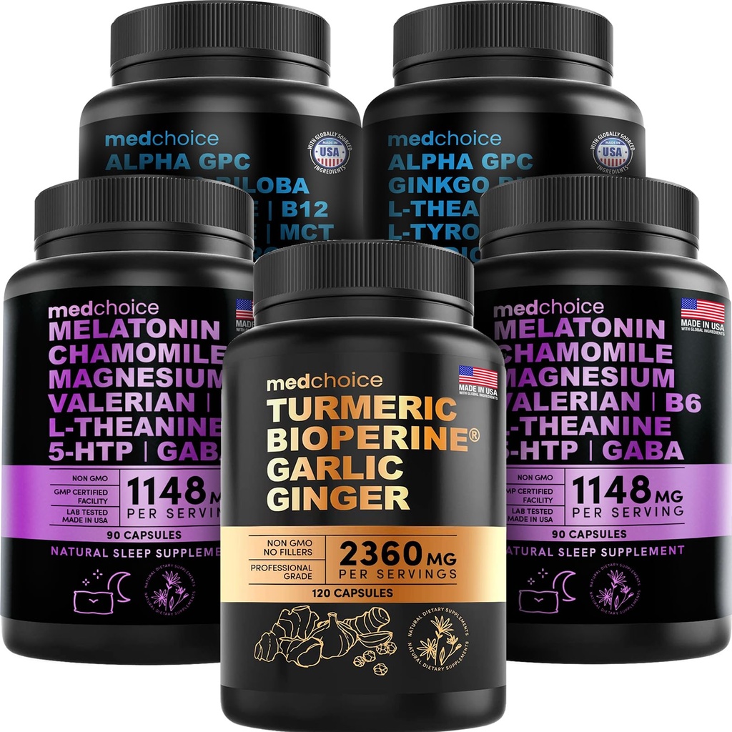 MEDCHOICE Turmeric & Ginger (120ct), 수면 멜라토닌 (180ct) 및 Nootropic Brain (120ct) 보충 번들 - 뇌, 수면, 면역 지원을위한 웰빙 트리오 - Vegan, Non-GMO, 글루텐 프리