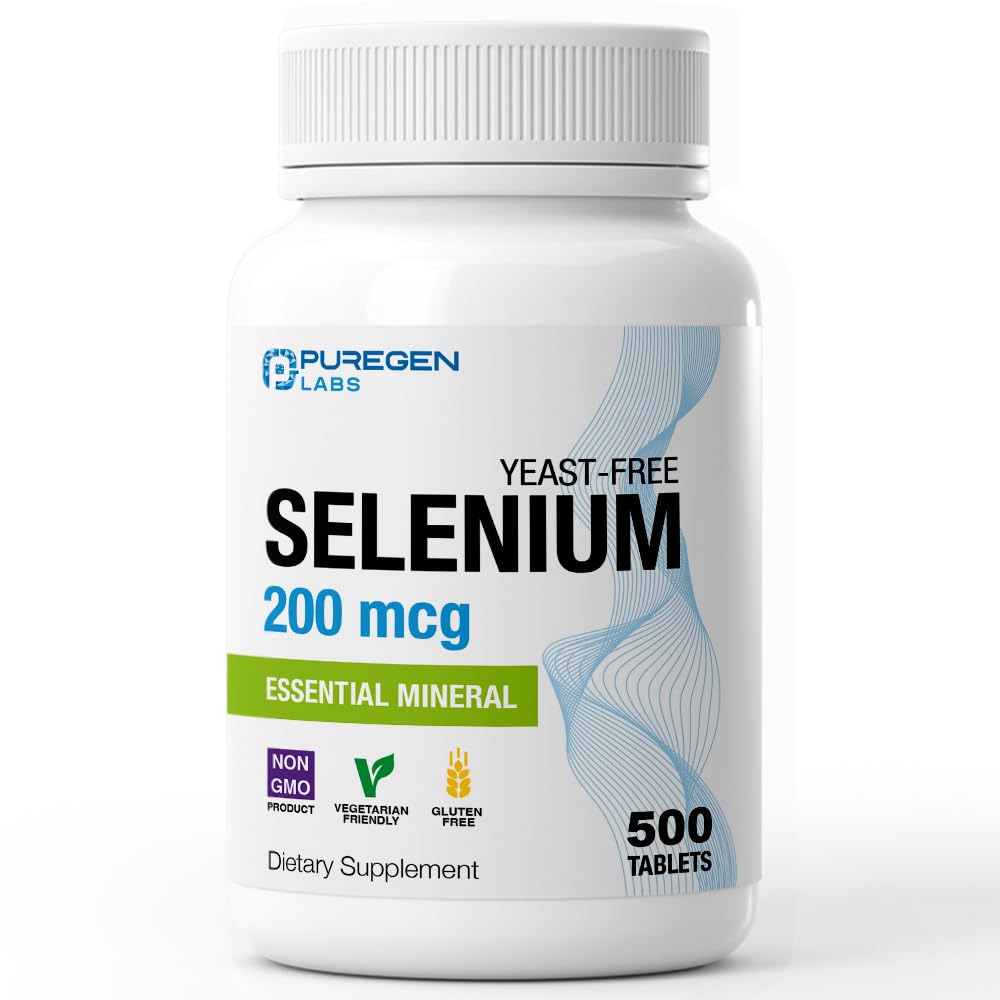 Puregen Labs Selenium 200 mcg Yeast Free Essential Mineral - 500 채식 정제 | 면역 지원 | 비 GMO, 글루텐 무료, 미국