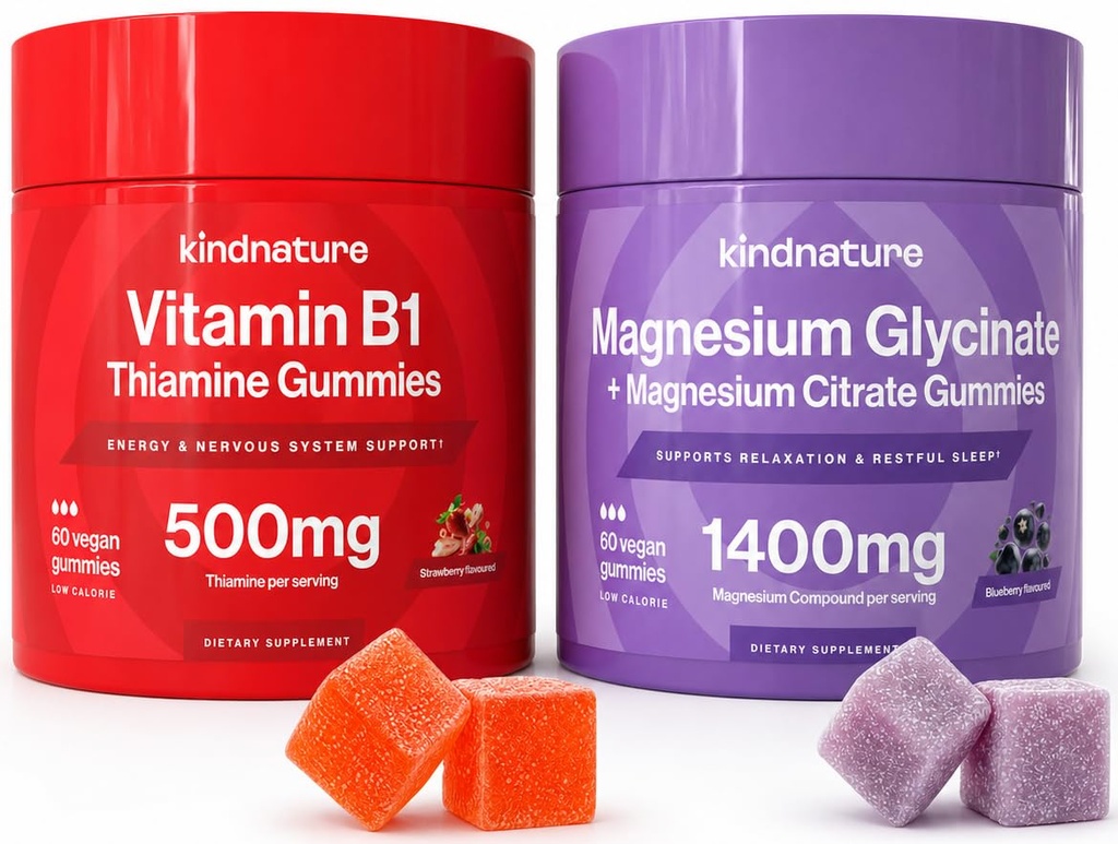 KINDNATURE Power Duo : 마그네슘 및 비타민 B1 Gummies 번들 - 향상된 에너지 및 Nerve 지원, 맛있는 & Chewable